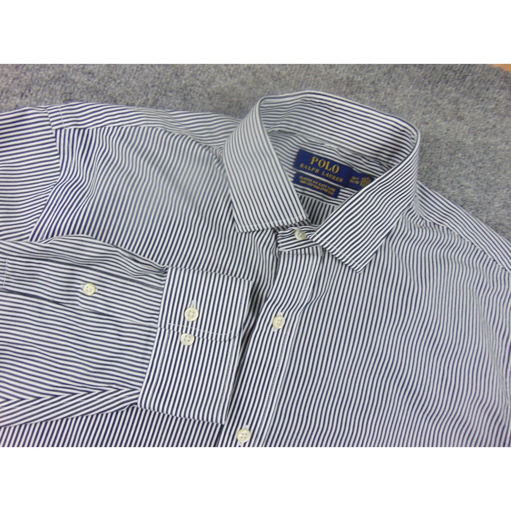Polo Ralph Lauren Shirt Men‎ 16.5x34/35 Blue White Stripe Easy Care Stretch
